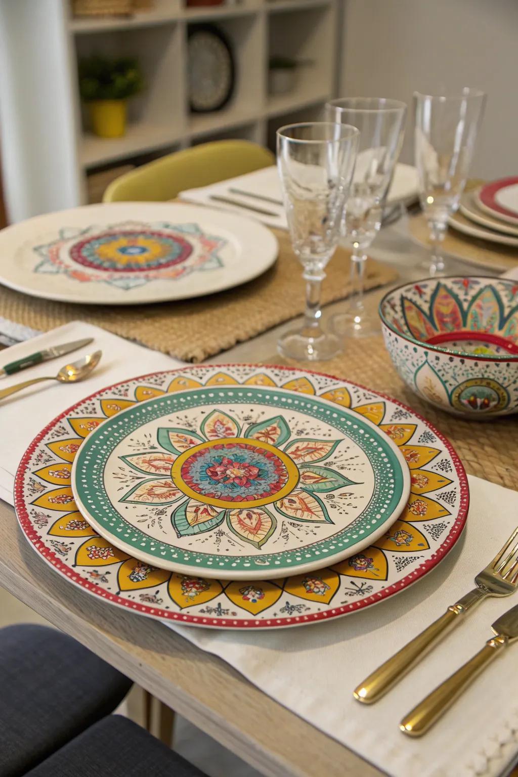 A table setting showcasing mandala-inspired plates and tableware.