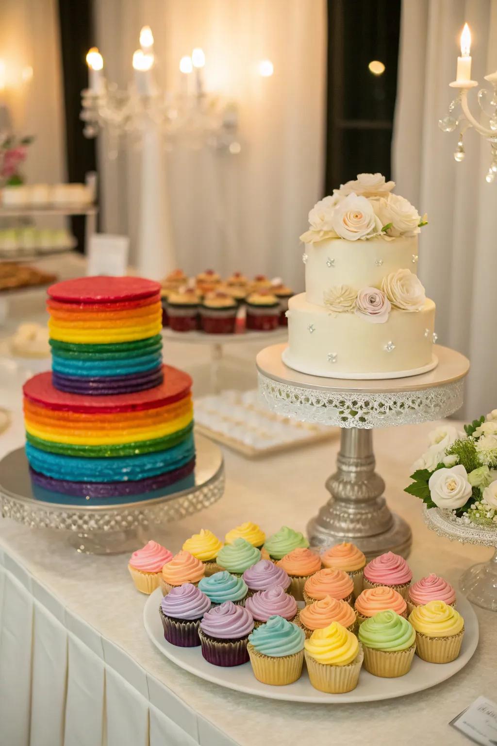A wedding dessert table showcasing a rainbow tiered cake and colorful cupcakes.