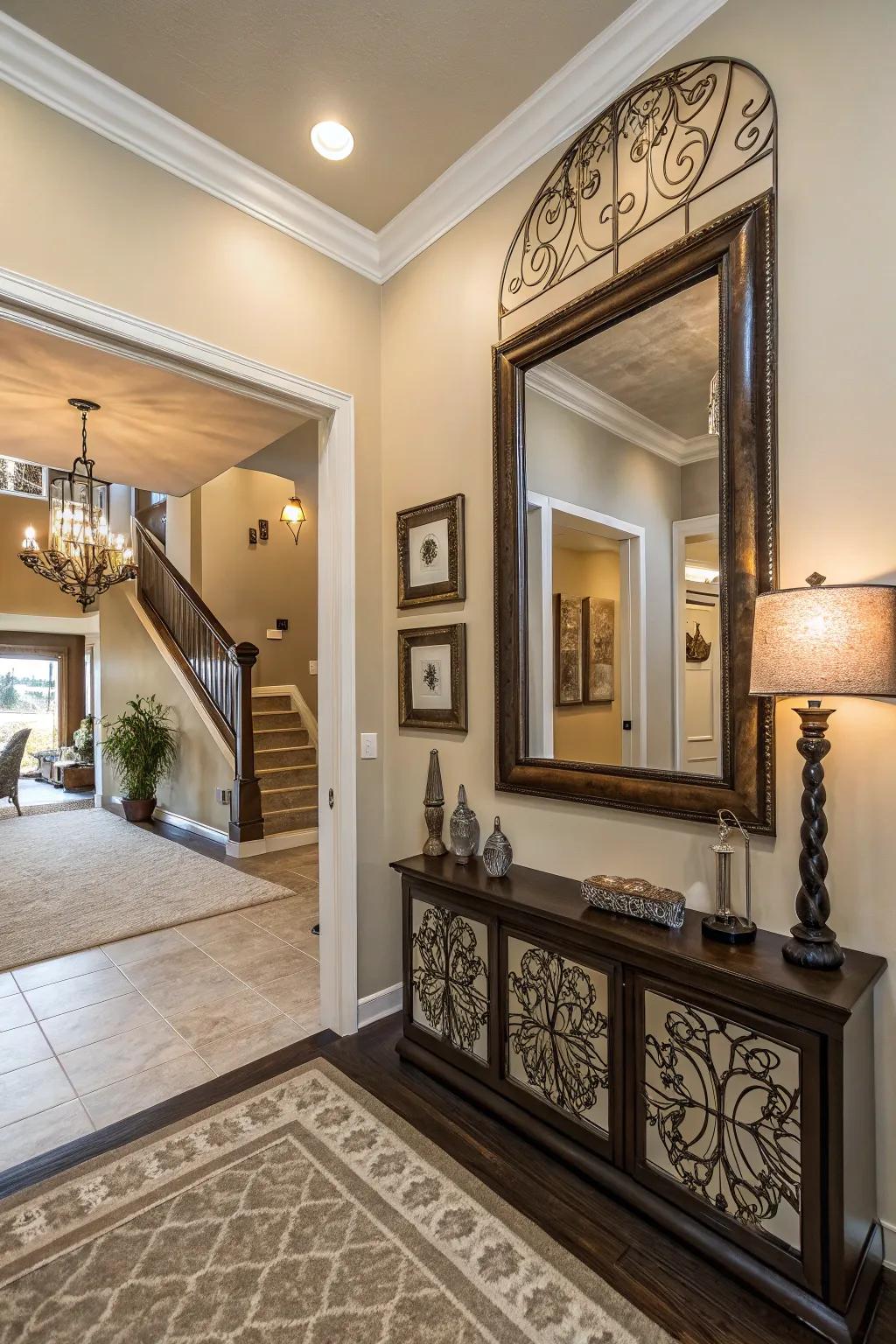 The entryway looks more interesting and has more personality with wall art or mirrors.