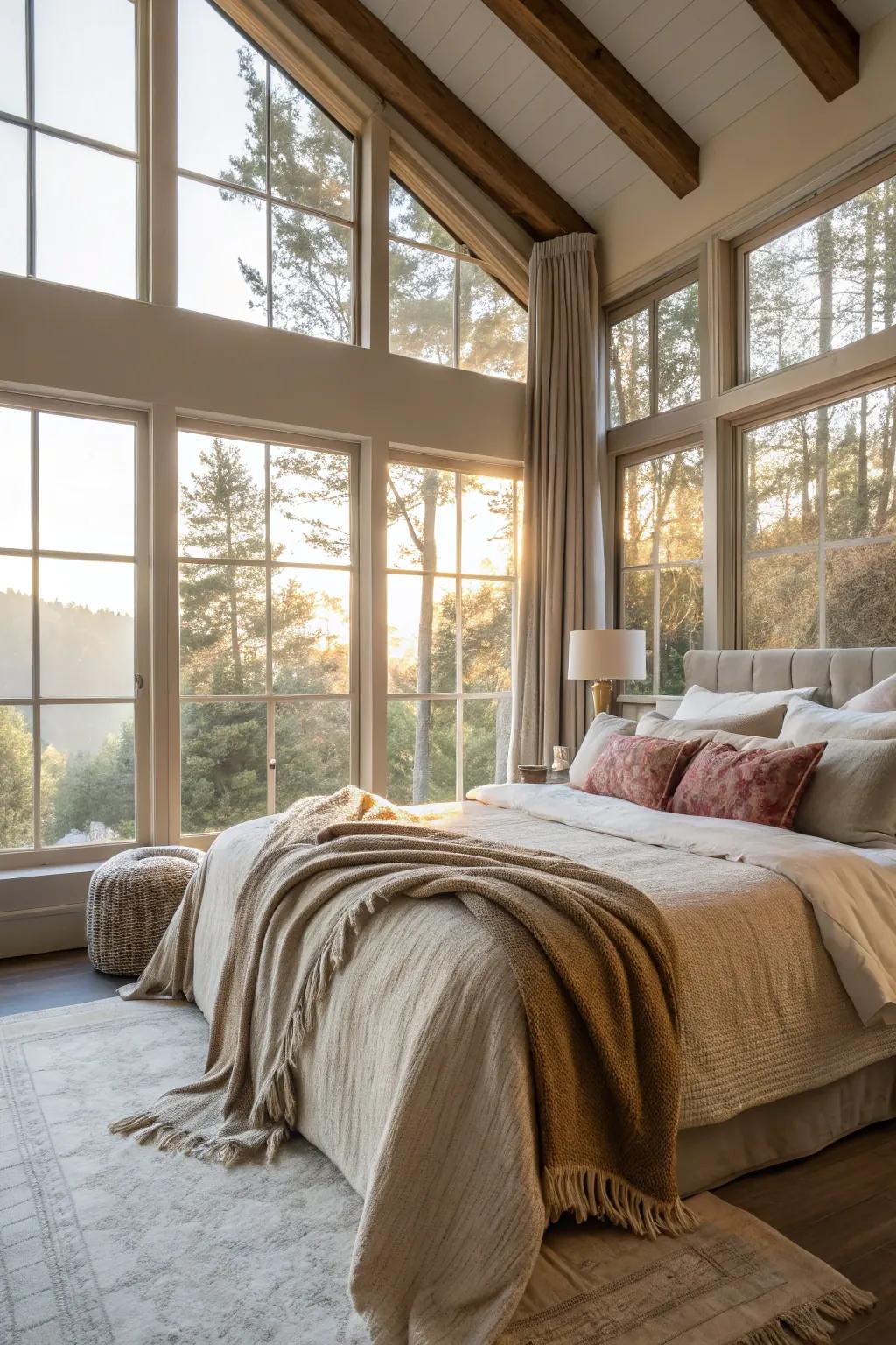 A bright bedroom with large windows allowing sunlight to flood the space.