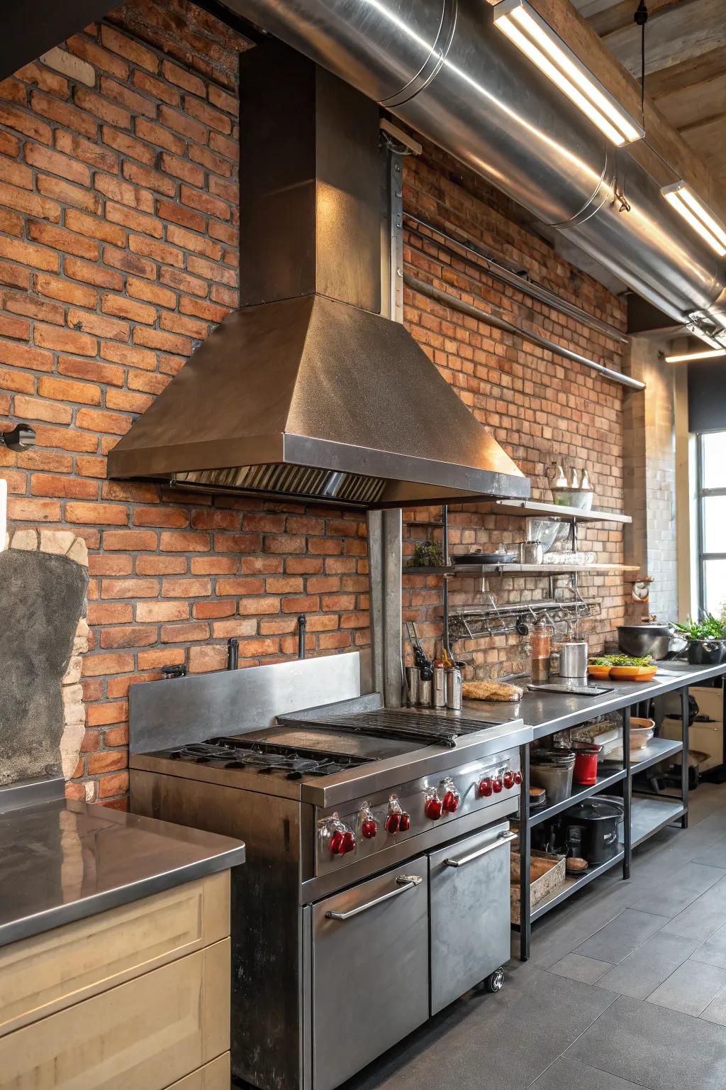 Industrial kitchen showcasing a metal range hood and exposed brick for a chic urban vibe.
