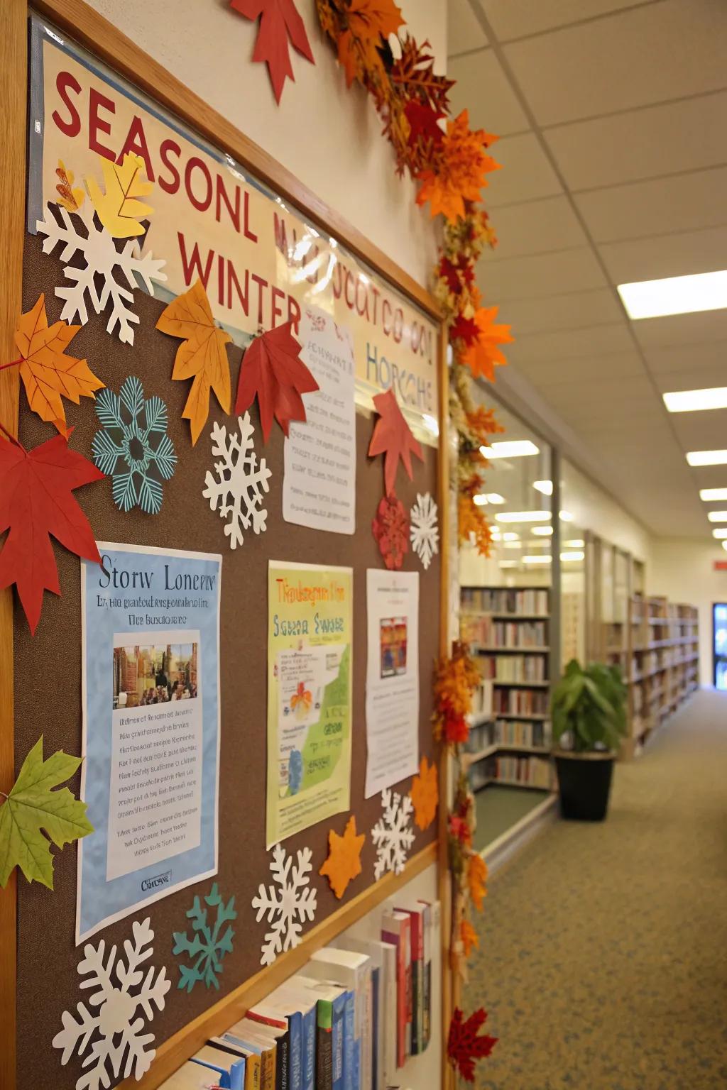 Seasonal decorations maintain the reading board's fresh and engaging feel year-round.