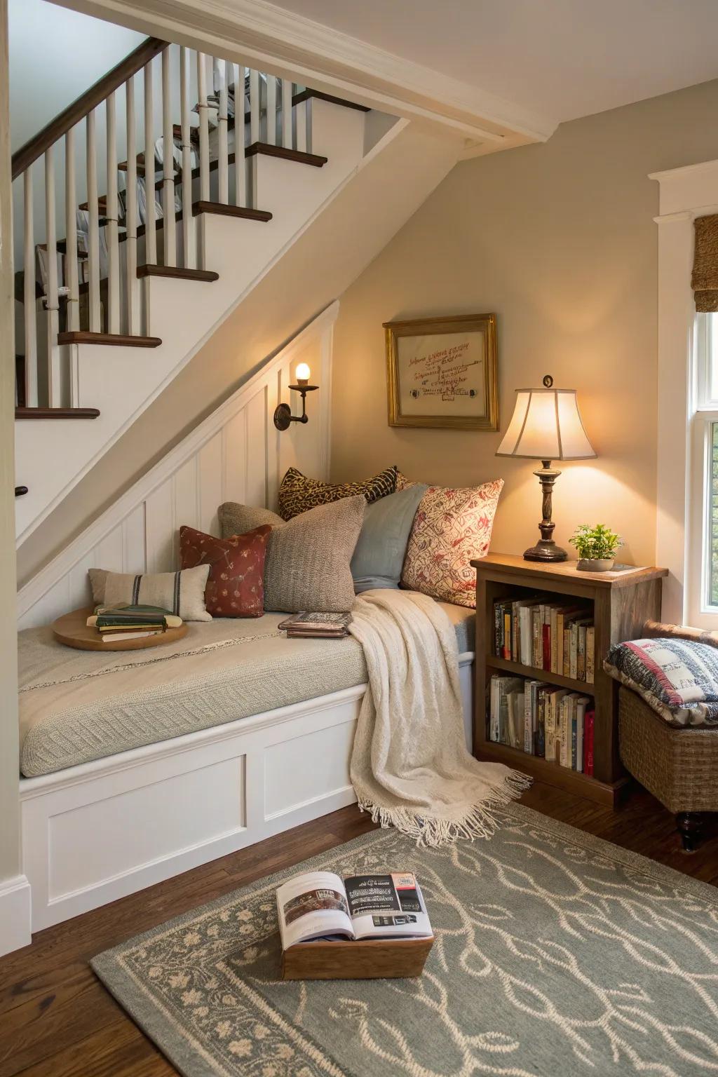 A secret reading space under the stairs, ideal for quiet moments.