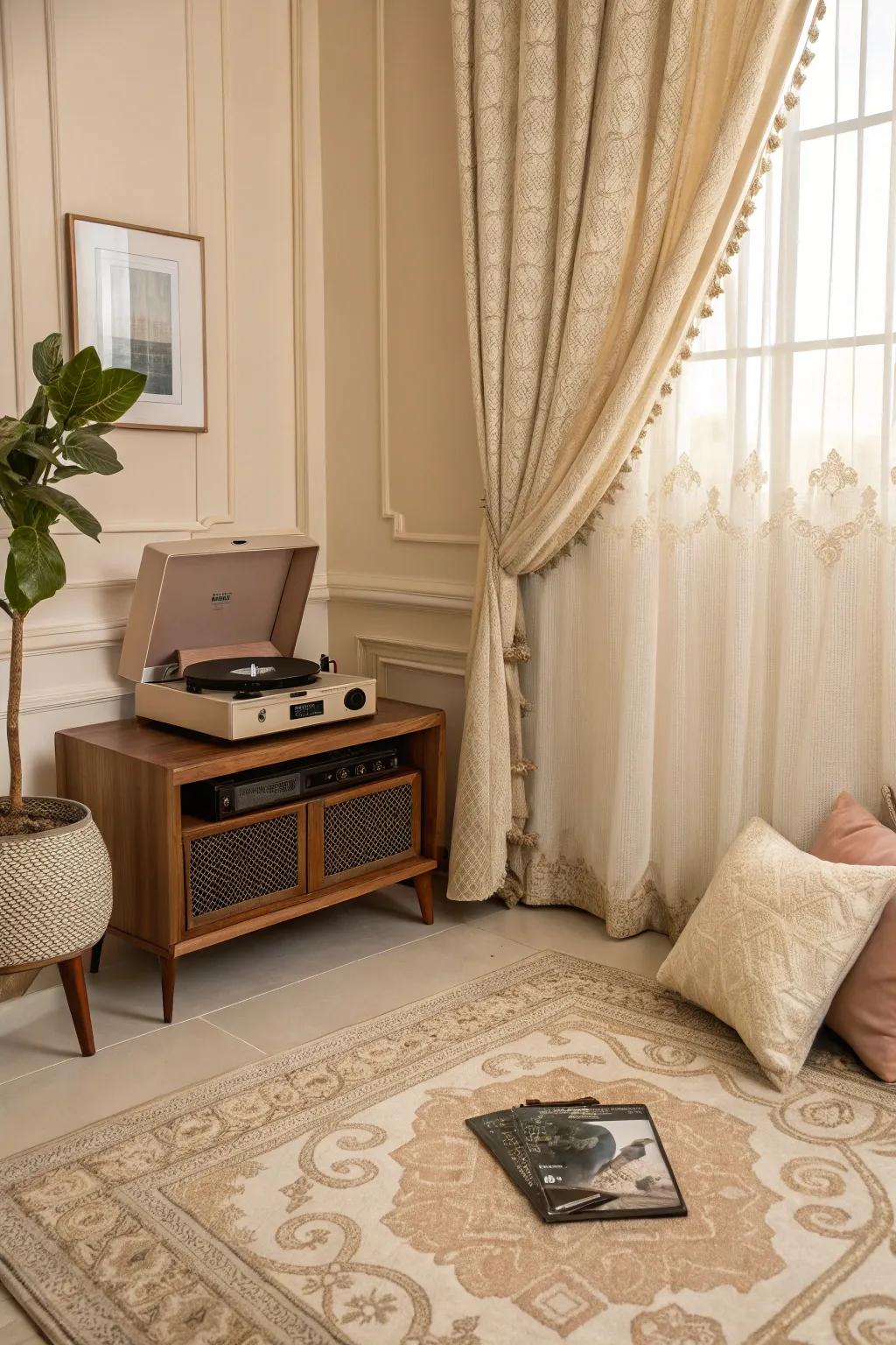 Color-coordinated record player setup for a harmonious look.