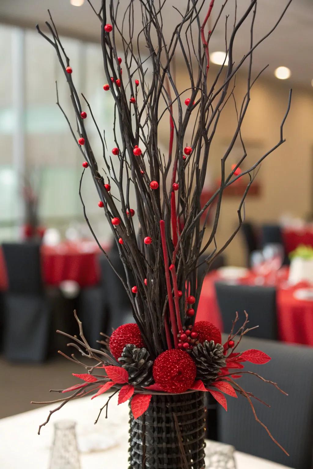 Ebony branches with scarlet highlights create an artistic and creative centerpiece.