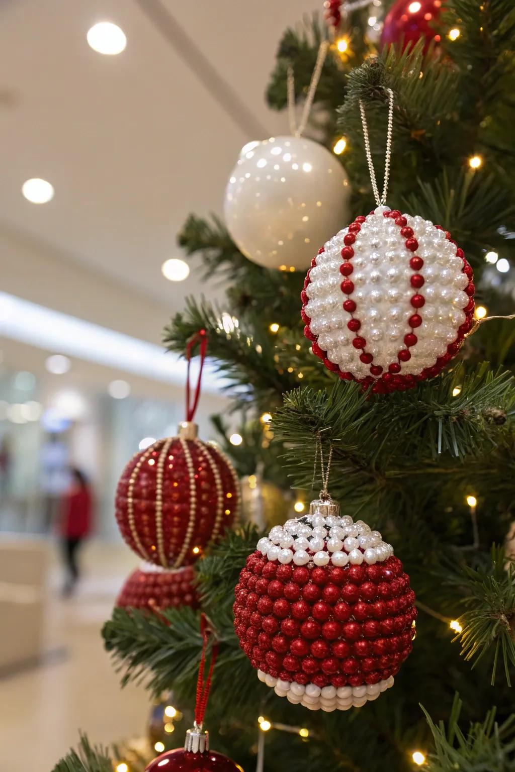 Celebratory adornments crafted using scarlet and ivory spheres.