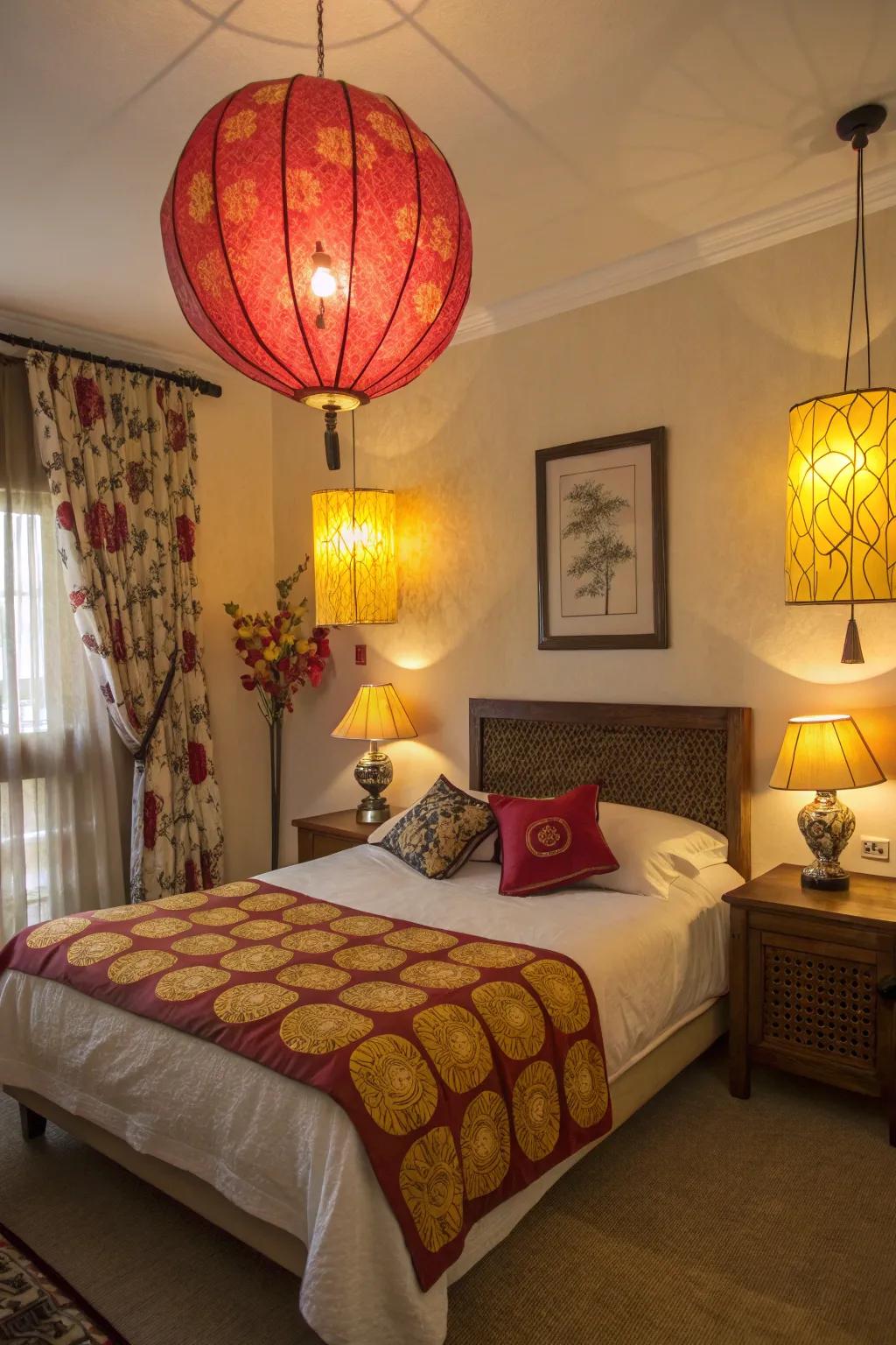 Comforting illumination enhances the cozy ambiance in this crimson and gold-themed bedroom.