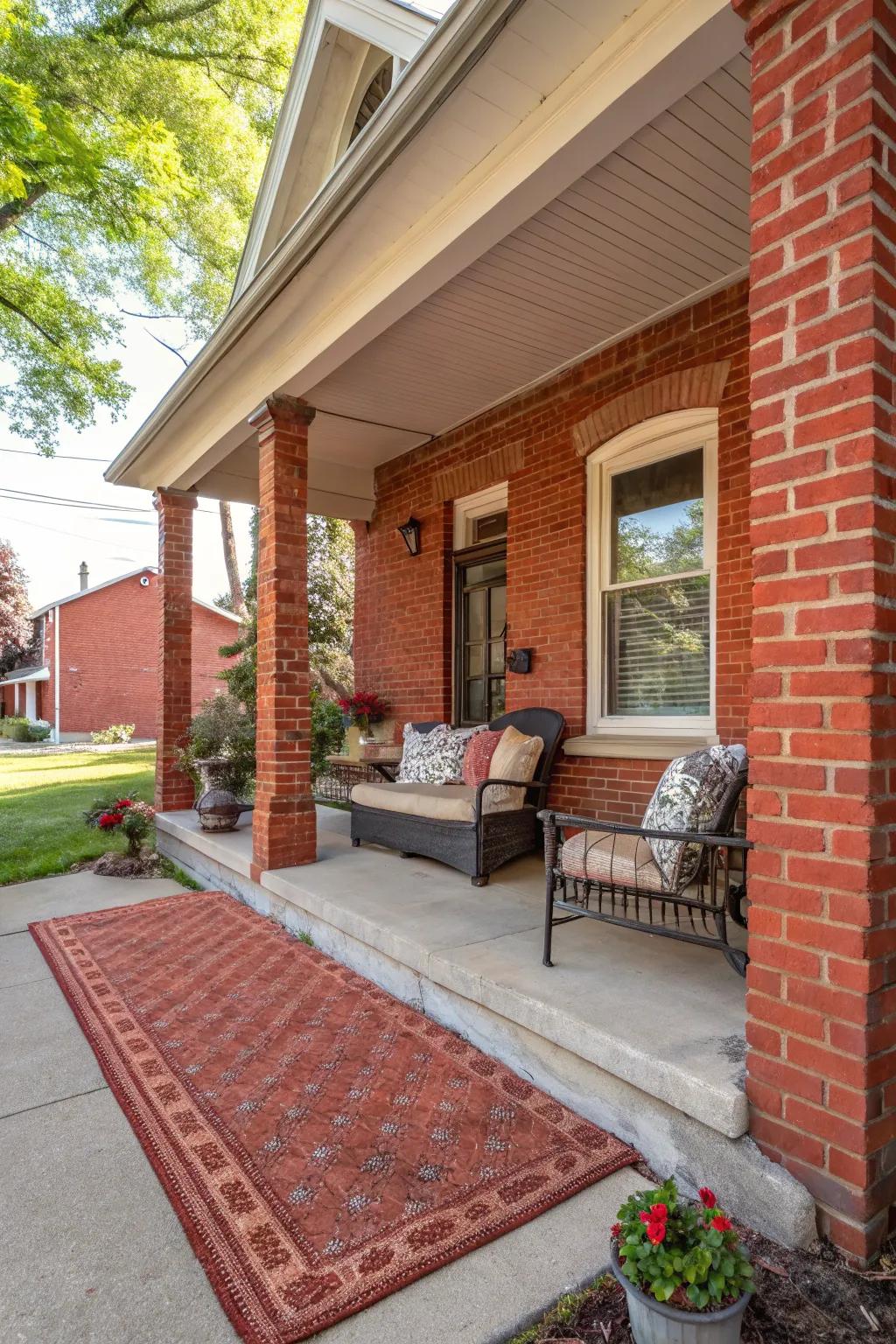 A stylish floor covering adds color and comfort to a red brick porch.