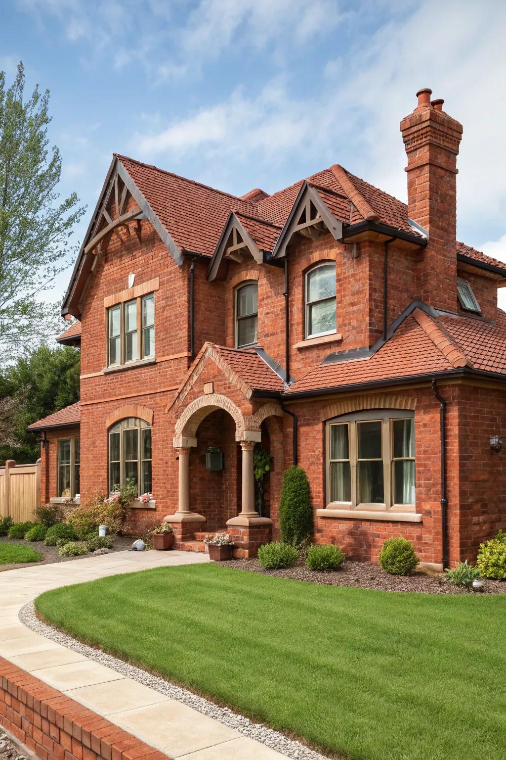 Baked-clay trim creates a cohesive and earthy look for crimson brick homes.