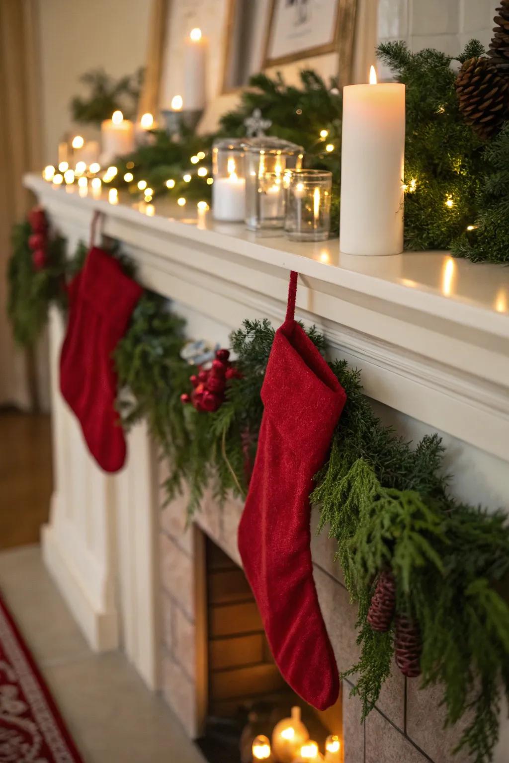 A delightful mantel adorned with red features.