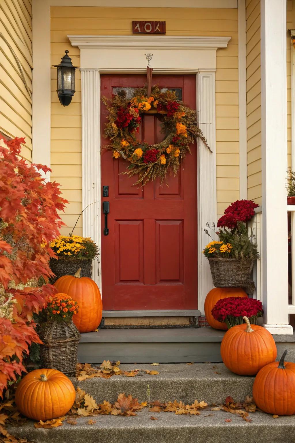 Scarlet door adorned with seasonal autumn decorations.
