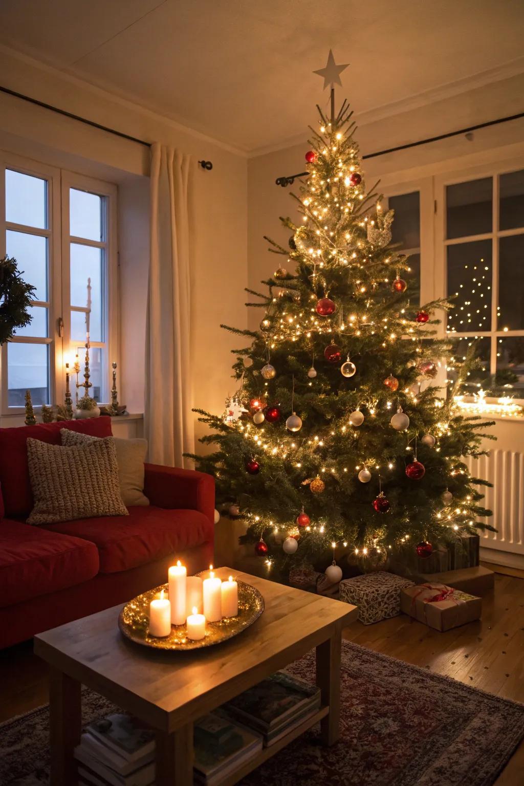 Layered radiance enhances the snug ambiance of the tree.