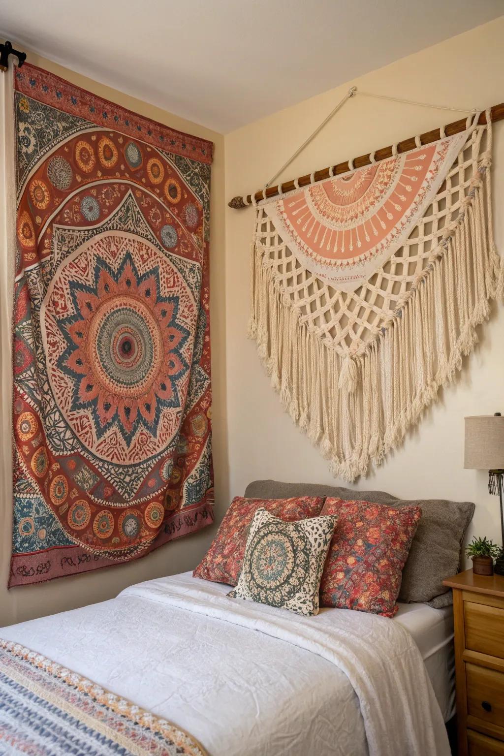 Add warmth with fabric wall hangings.