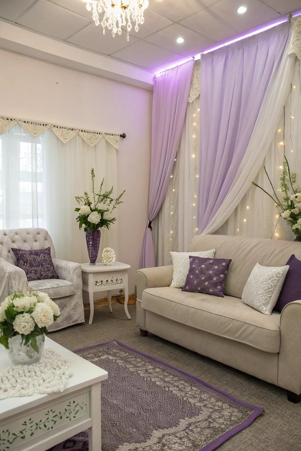 A soothing color theme with soft neutrals and purple accents.