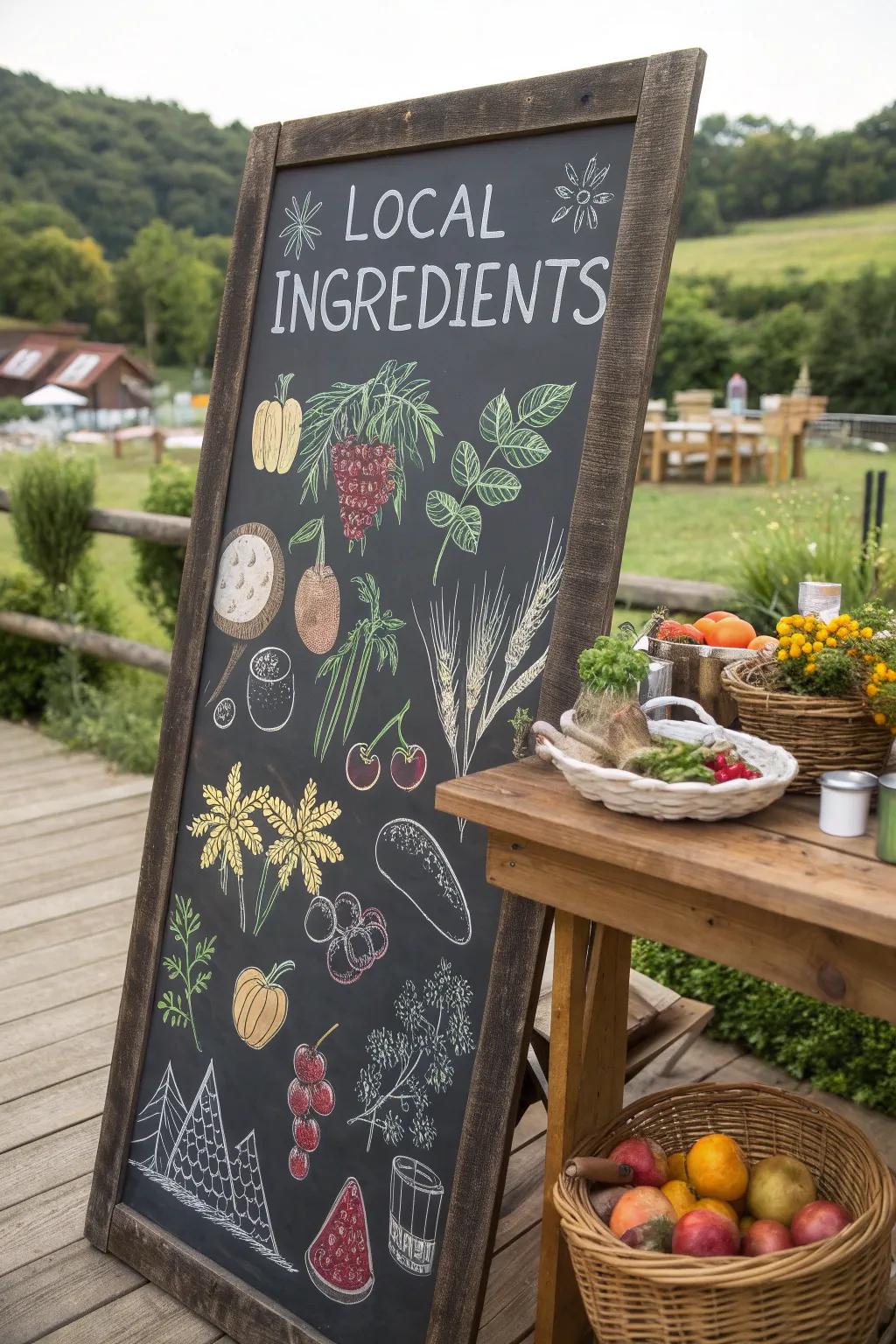 A chalkboard proudly displaying locally sourced ingredients with decorative elements.