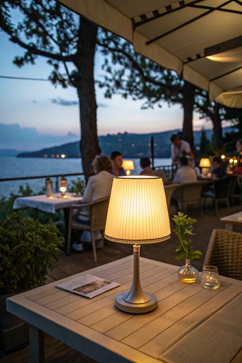 A cordless table lamp on a restaurant patio table in an outdoor setting.
