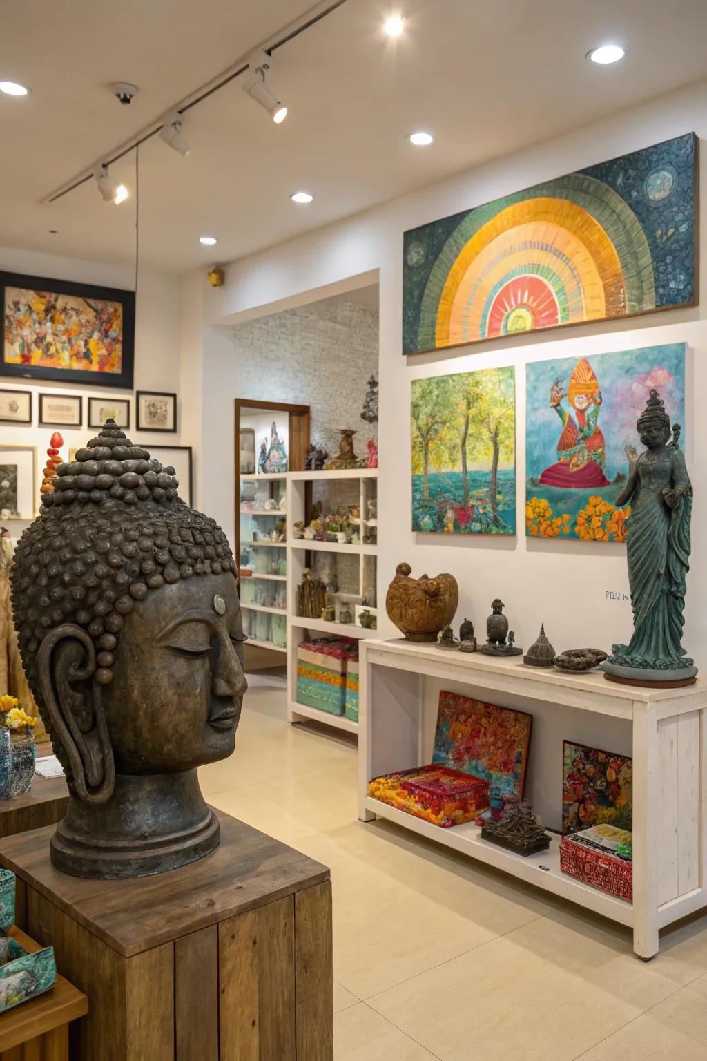 Artistic elements add personality and appeal to retail environments.