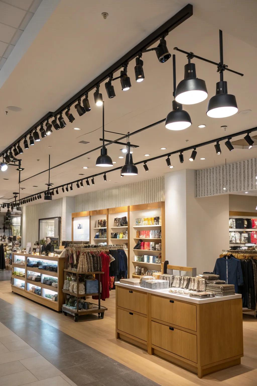 Track lighting easily adjusts to highlight different areas in-store.