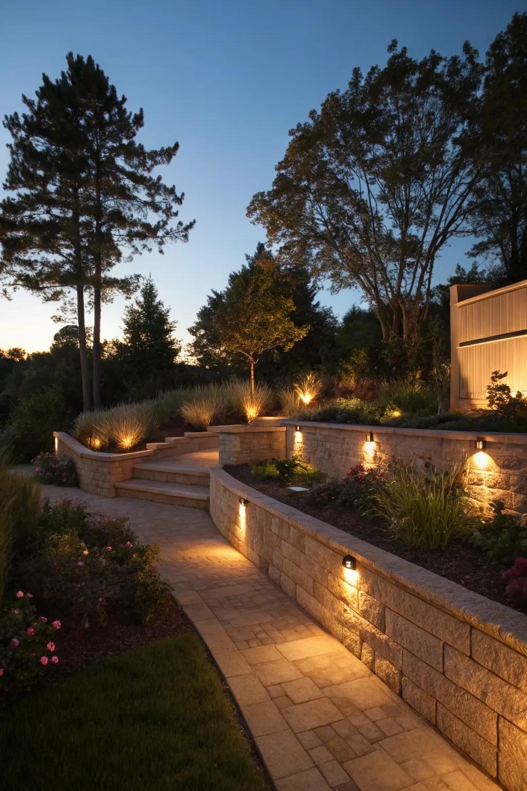 Retaining structures beautifully illuminated with decorative lighting.