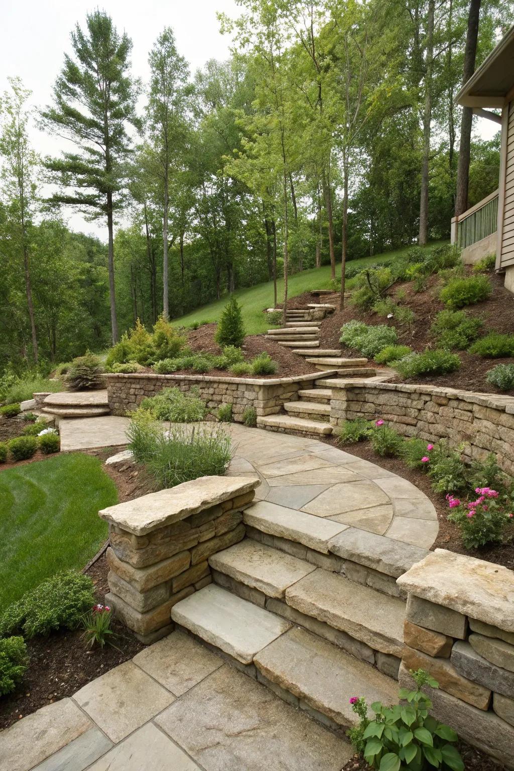Stairs and paths provide practical use and aesthetic appeal.