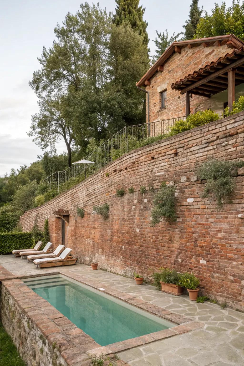 Appealing brick retaining wall adding warmth to the poolside.