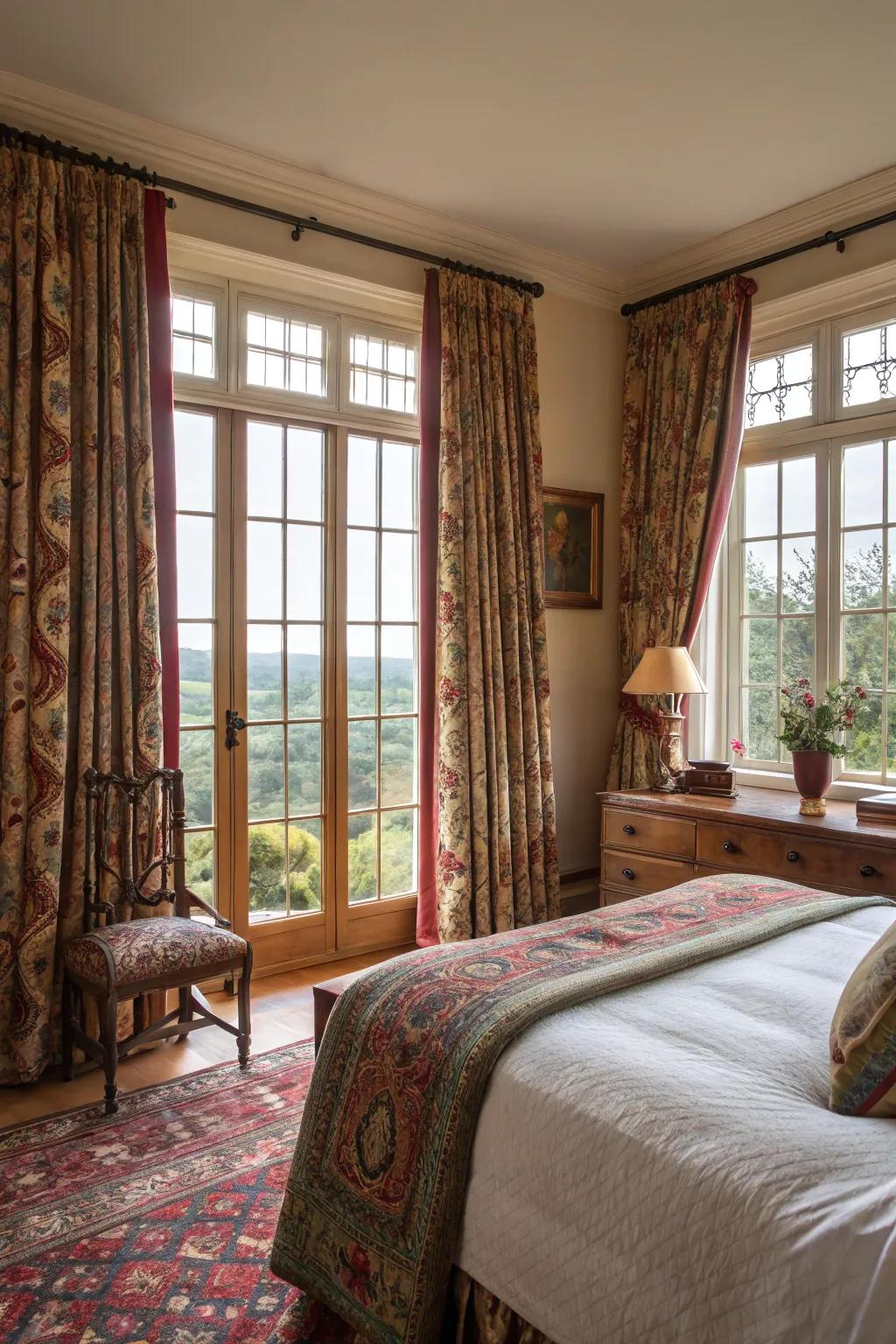 Patterned window coverings frame the view with style.