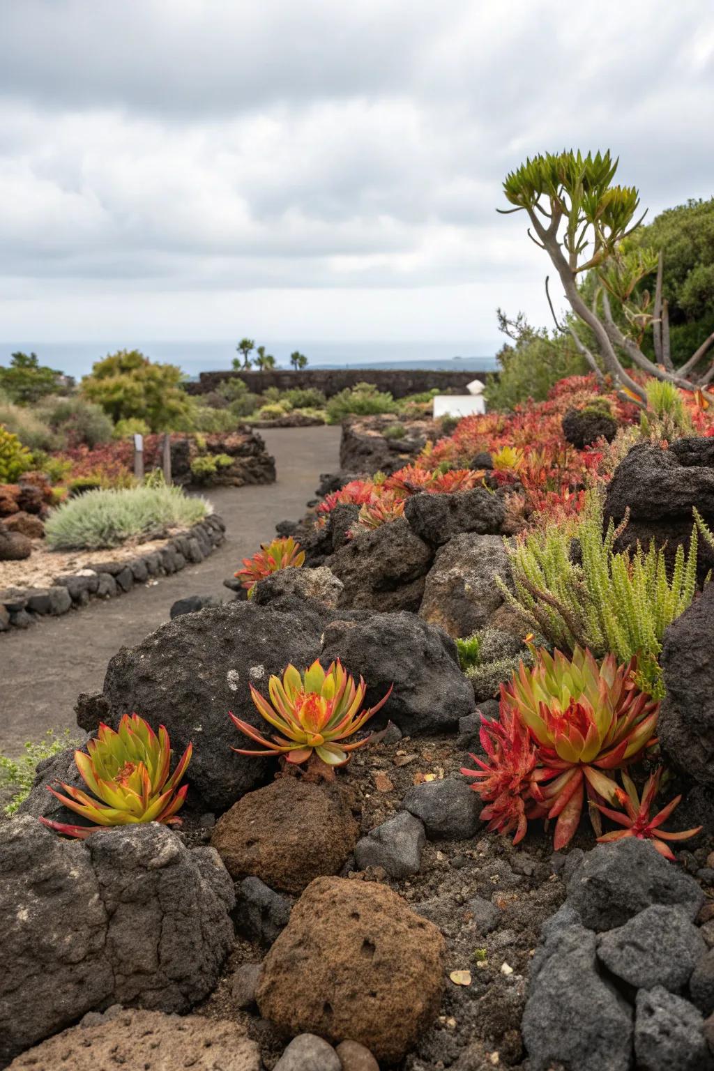 Lava rocks paired with succulents to create eye-catching contrast.