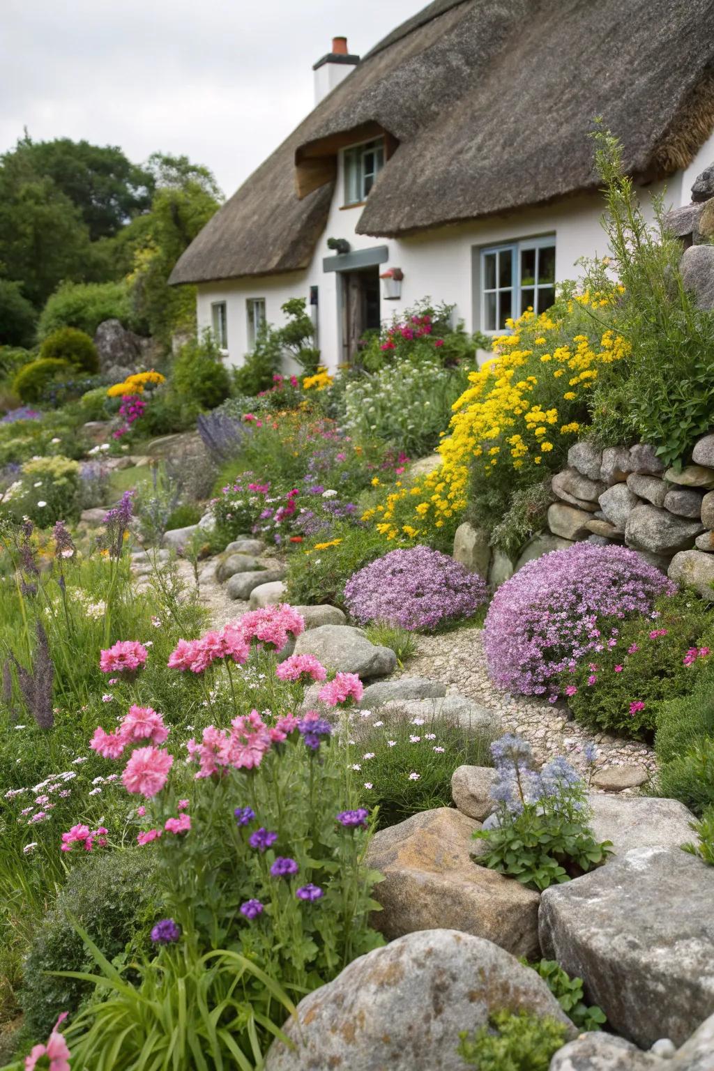 A mix of stones and flowers creates a picturesque countryside garden.