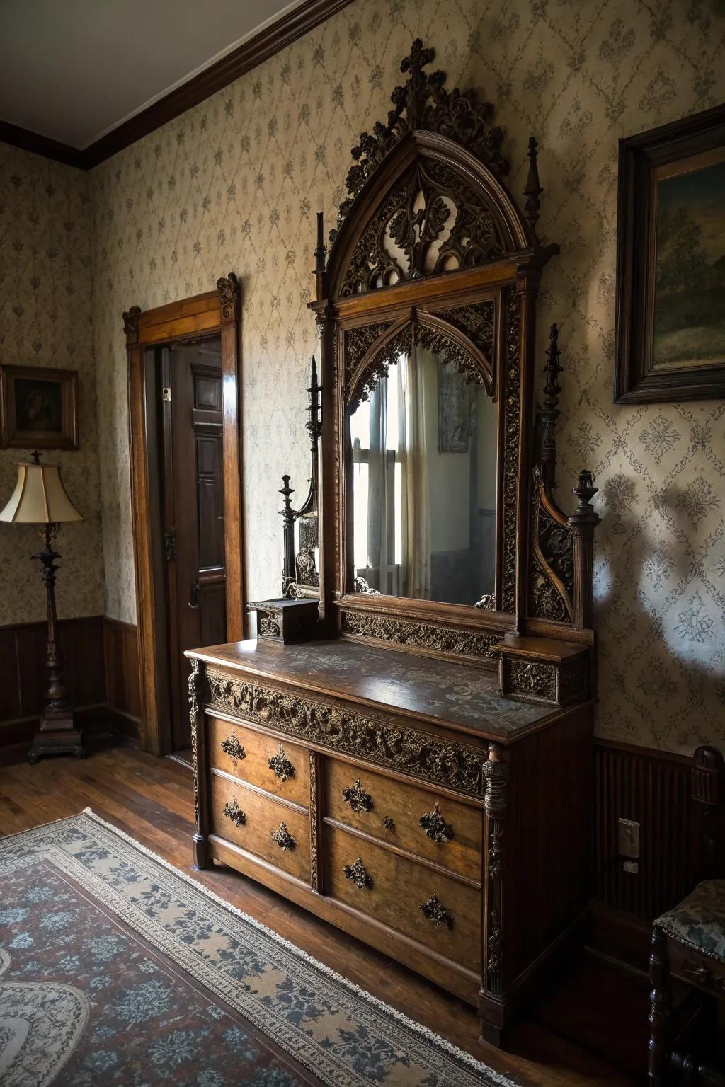 Time-worn decor pieces bring timeless elegance to a Victorian Gothic bedroom.
