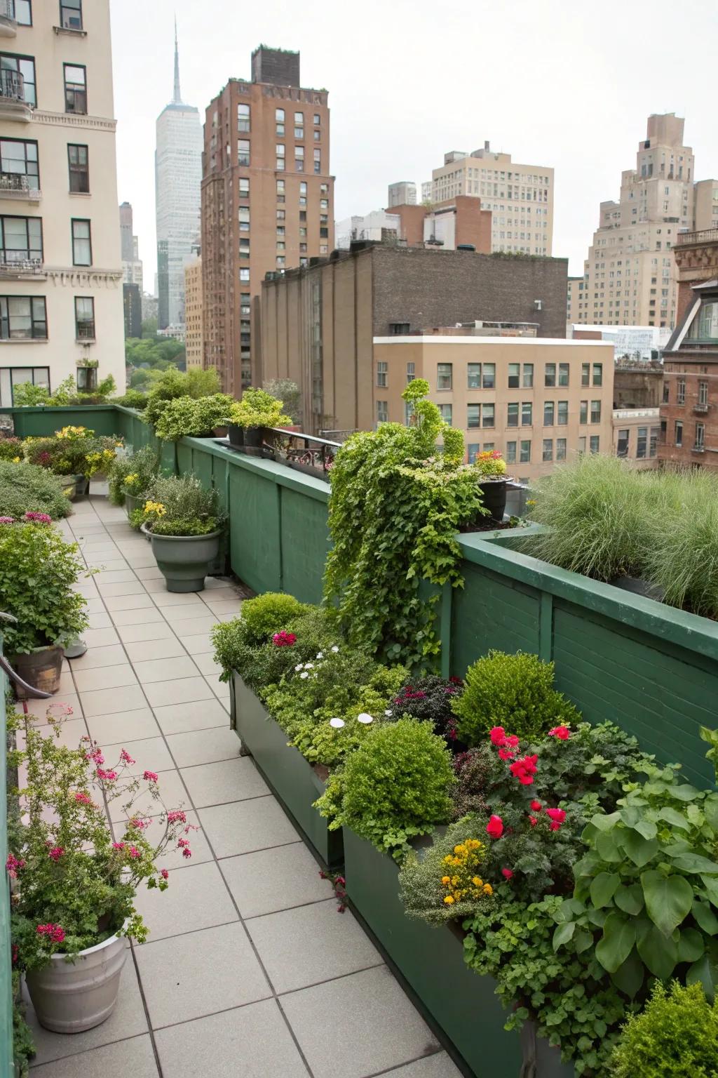 A rooftop garden retreat with abundant greenery.