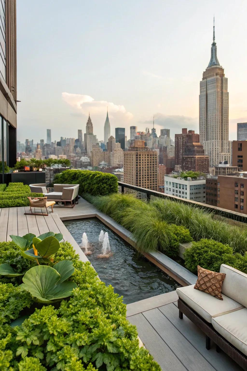 A city retreat of plants and water features offers a peaceful escape.