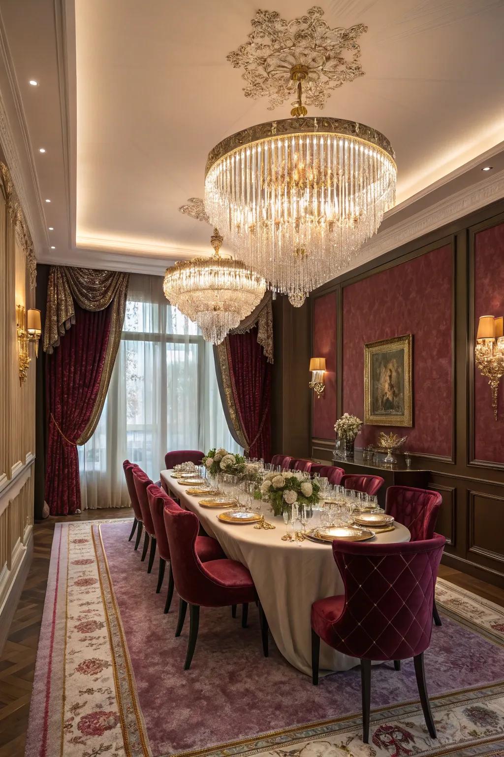 A luxurious dining room with rich jewel tones and elegant decor.