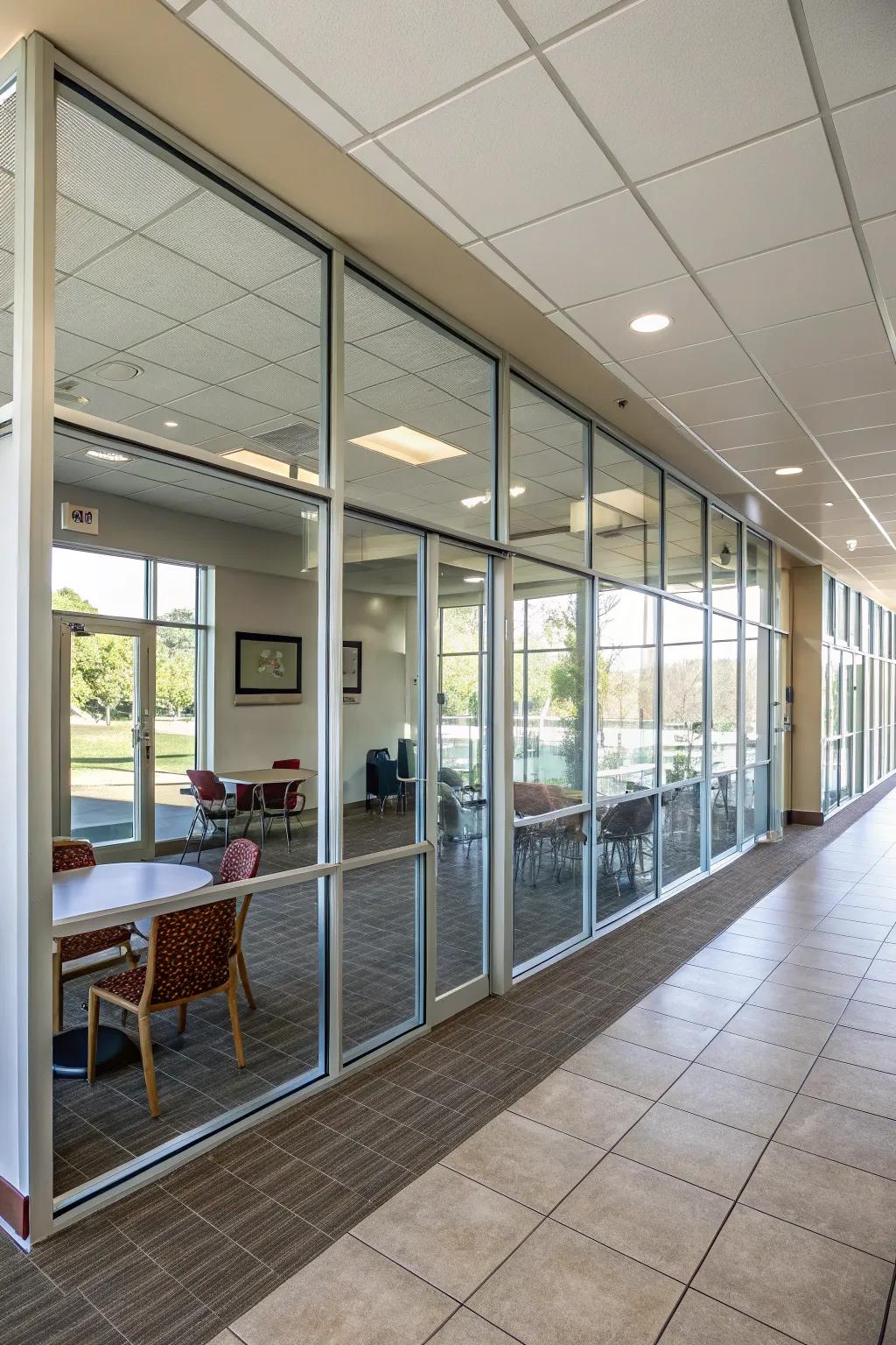A room featuring a partial wall complete with glass panels, fostering an open yet distinct separation.