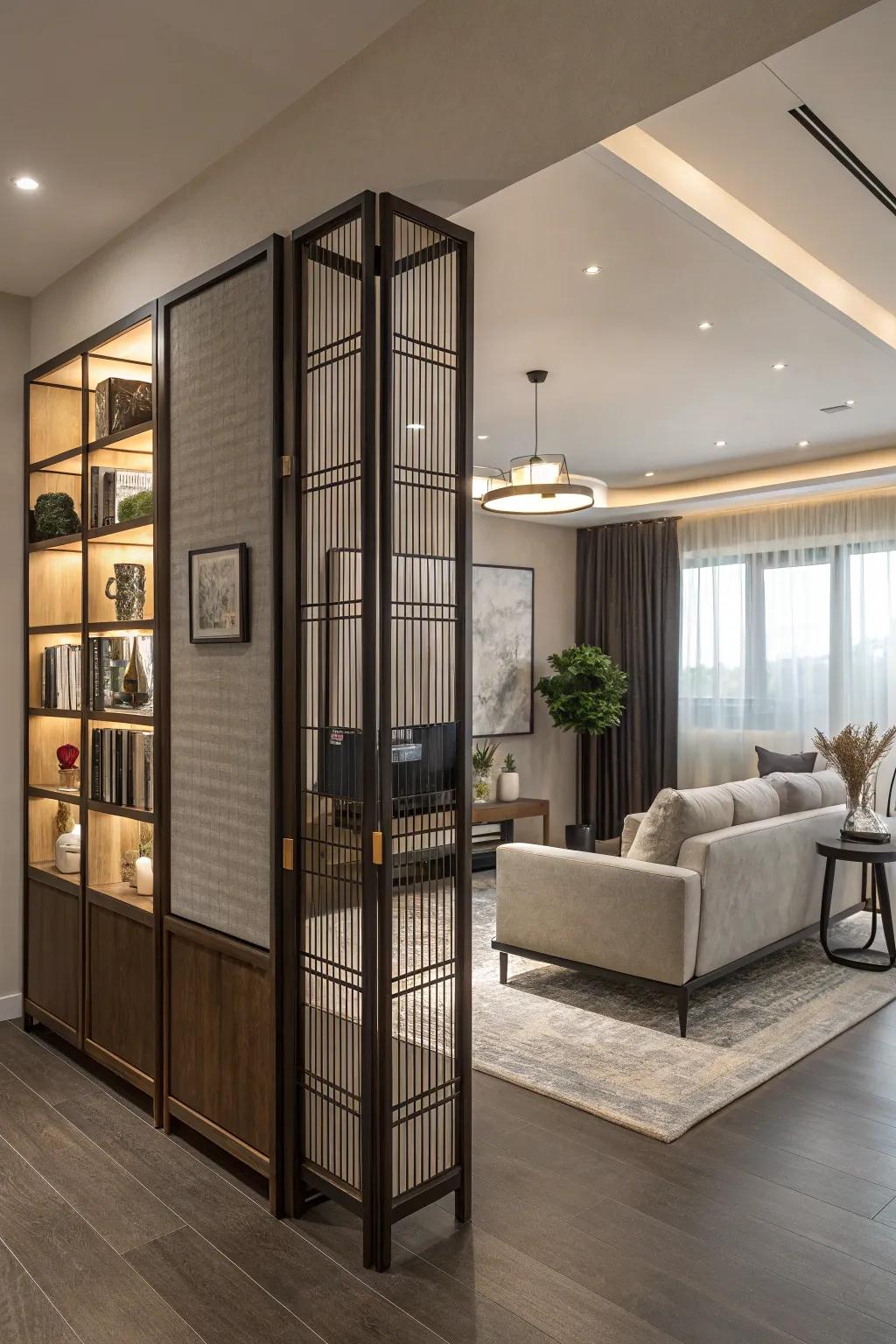 Furniture pieces have a dual role, functioning as both space dividers and functional features.