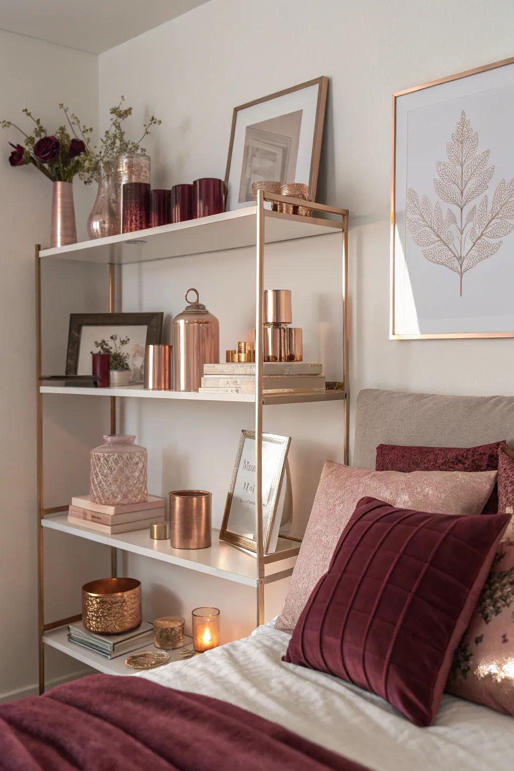 Pink-tinted gold decorations add subtle sophistication to the space.