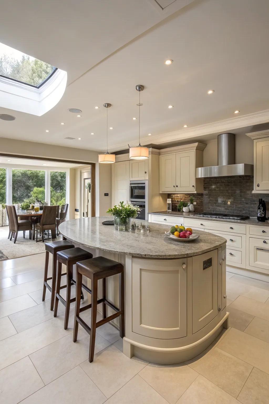 A central circular island enhances the room and flow in a kitchen.