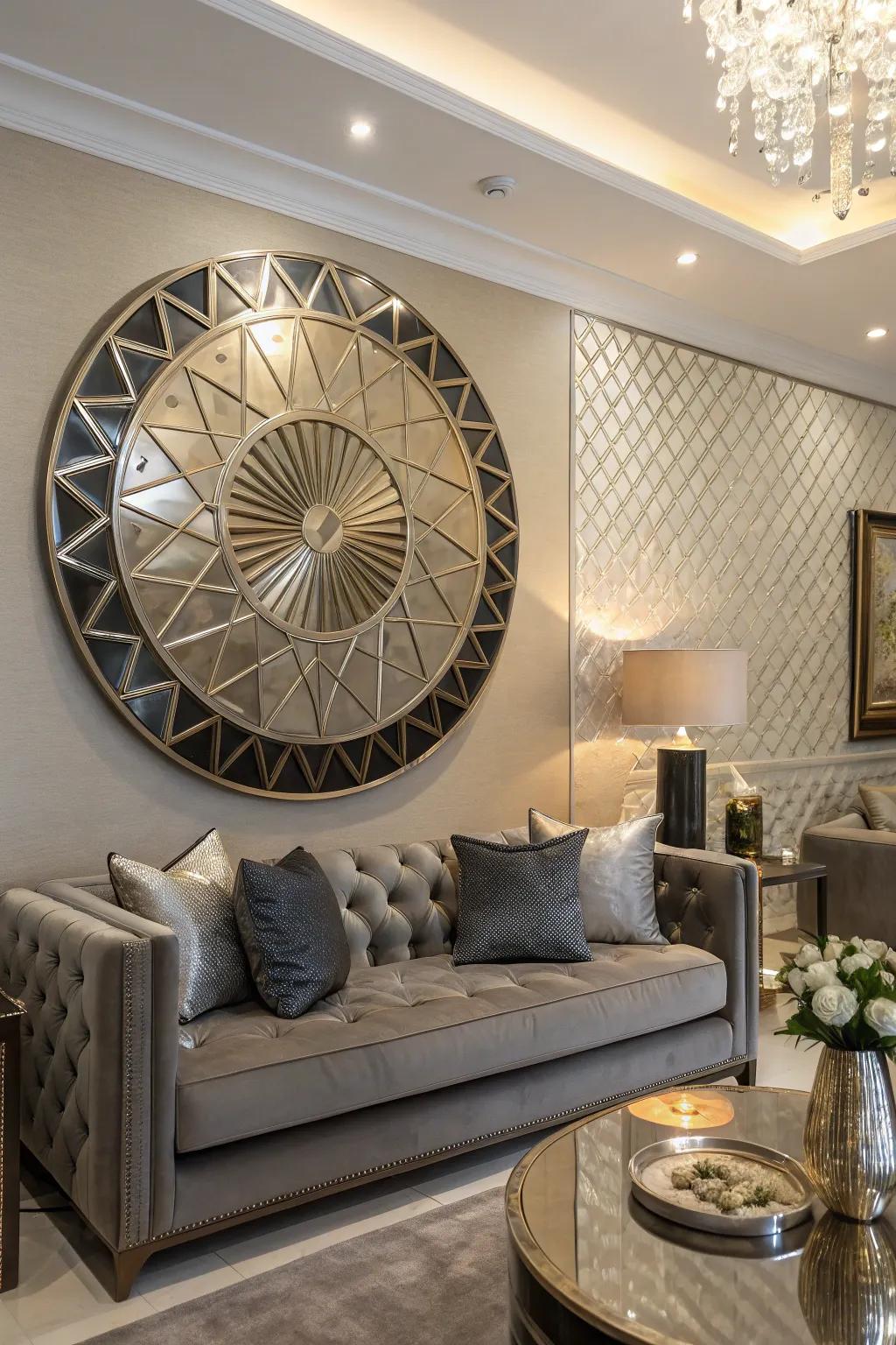 A modern living room featuring metallic circular art with geometric designs.
