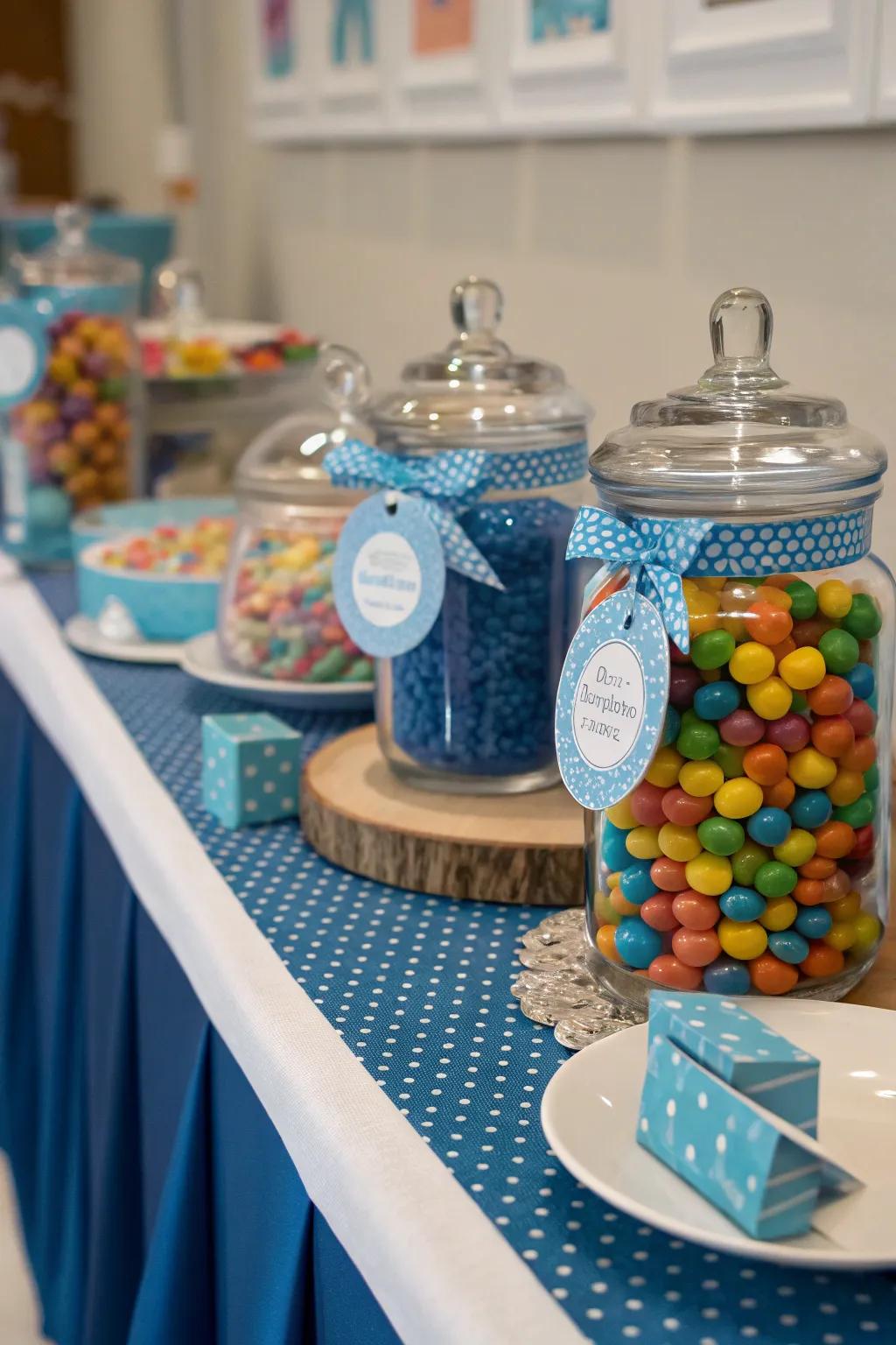 A customized touch with personalized stickers adorning the sweet containers.