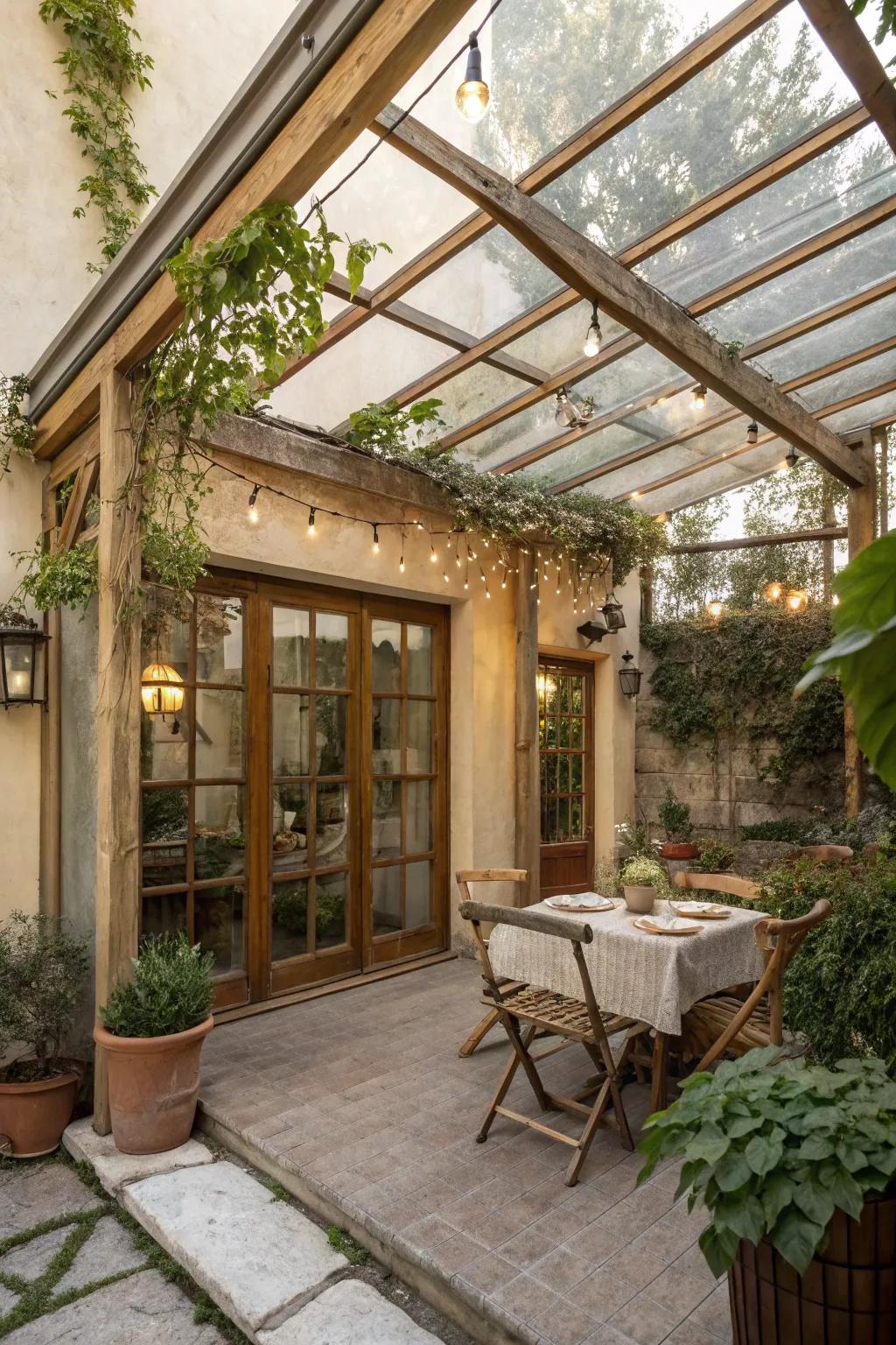 Rustic glass awnings provide light and charm.