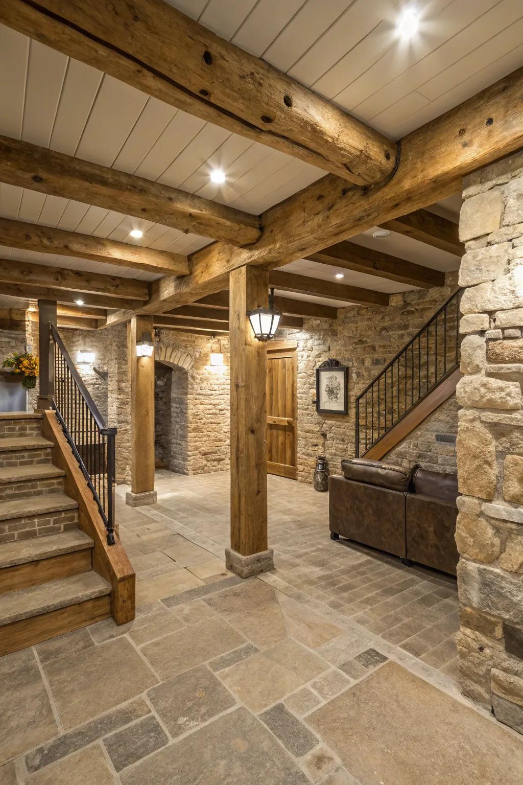 Neutral colors provide a serene backdrop in a rustic basement.