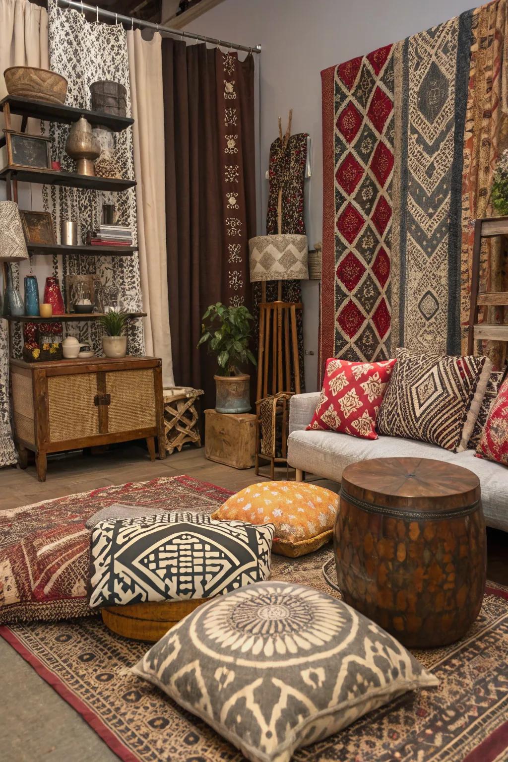 Eclectic decor with mixed patterns creates a personalized space.