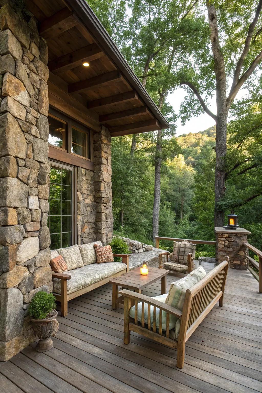 Stone features give texture and charm to this country deck.