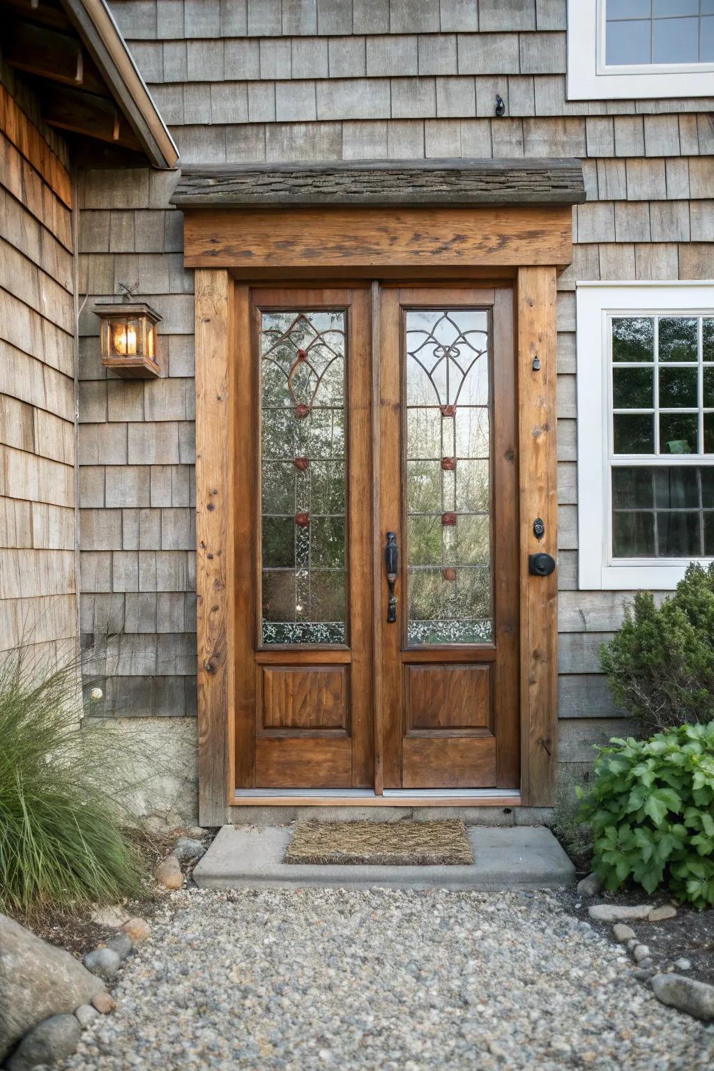Ornamental glass inserts add elegance and enable light to enhance rustic doors.