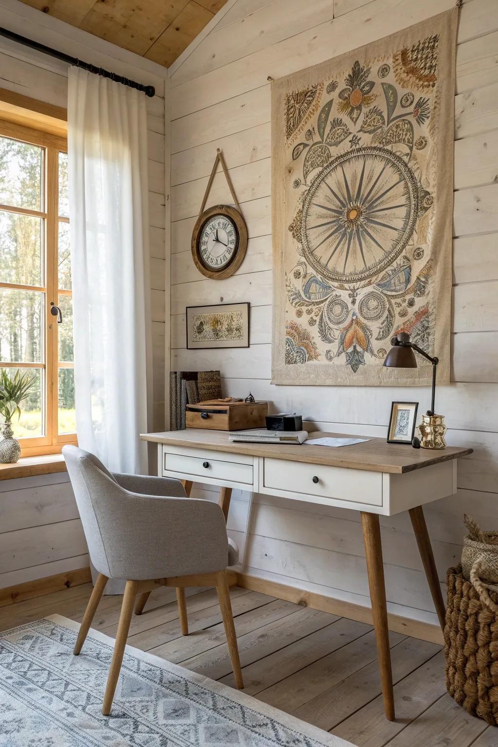 Classic art pieces contribute individuality and charm to your rustic office walls.