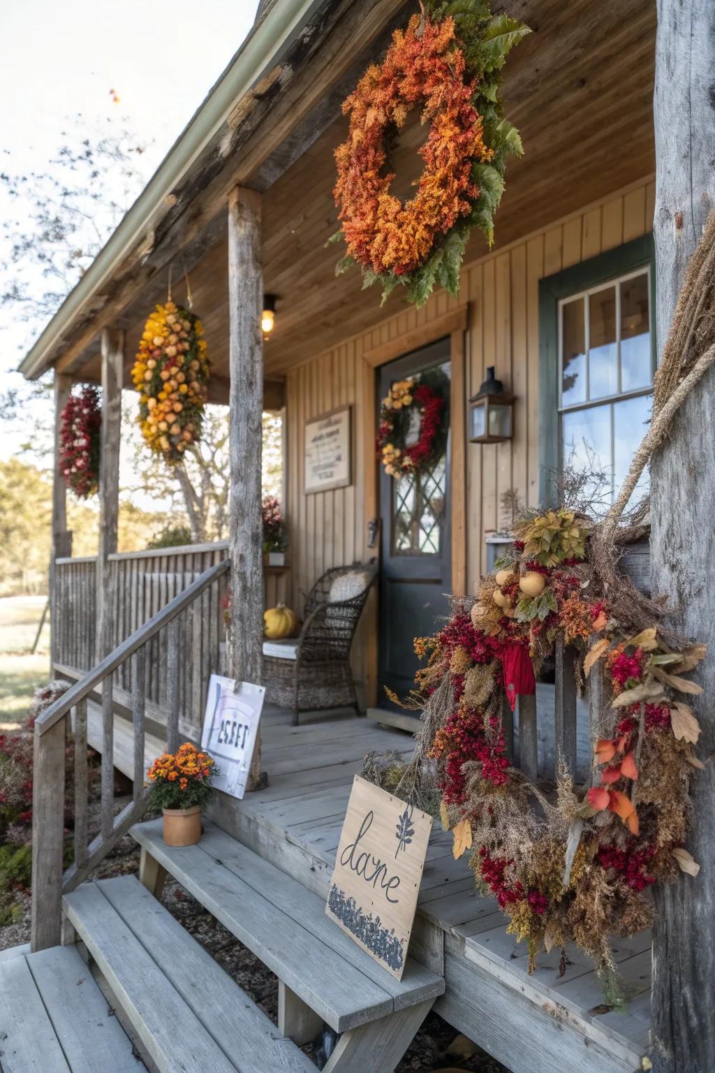 Ornamental floral rings and plaques personalize a rustic porch.
