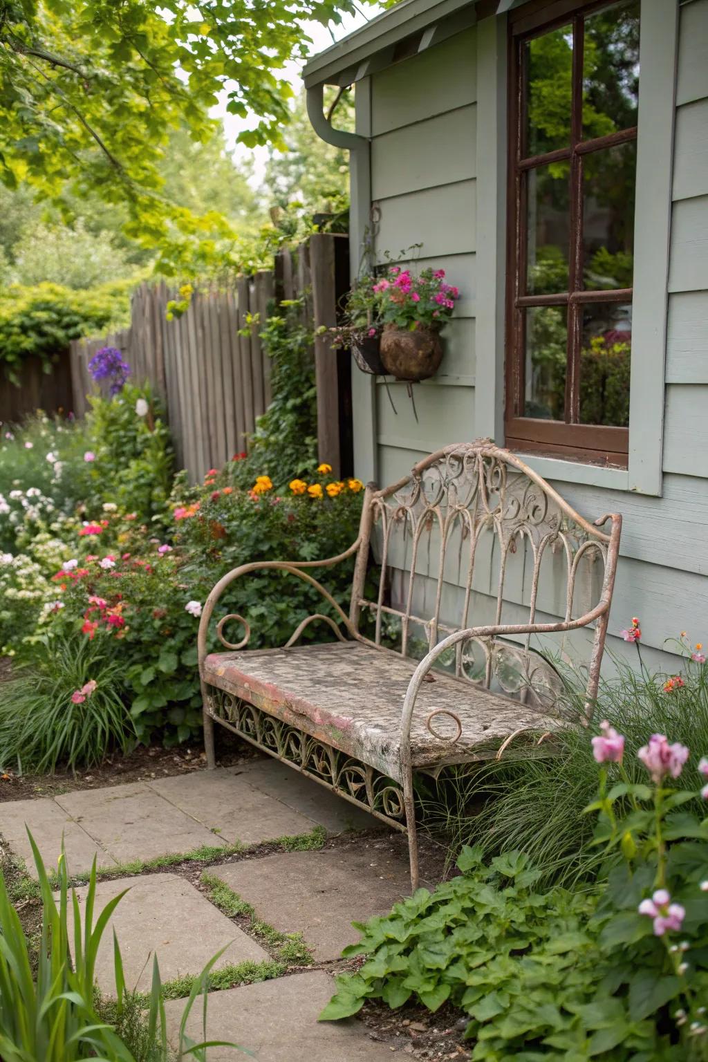 A unique garden bench made from a repurposed metal bed frame.