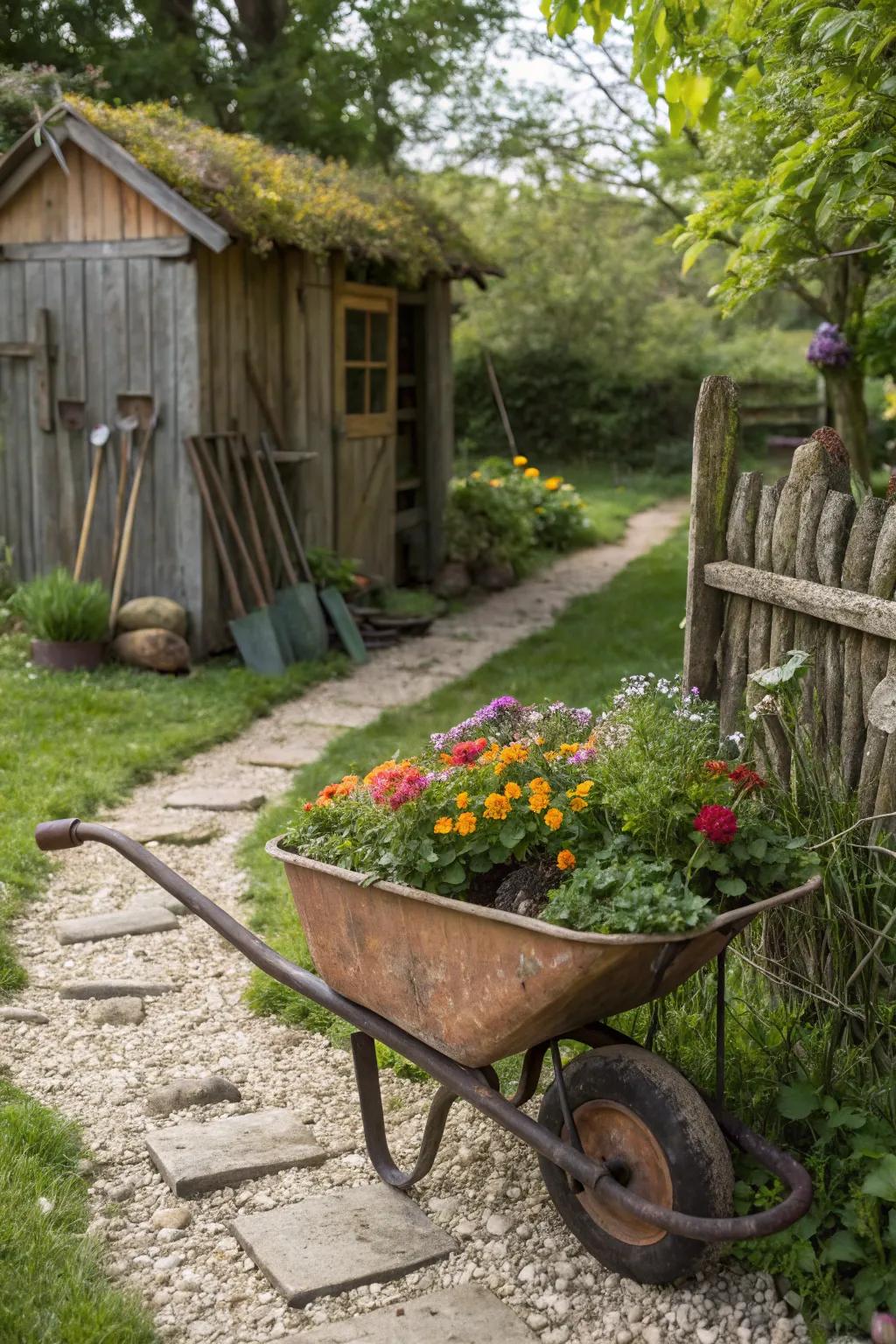 An antique cart doubling as a planter in a rustic garden.