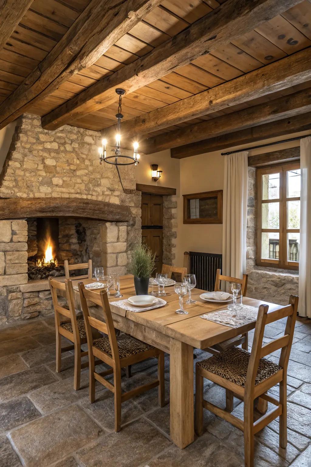 Natural wood furniture set in a rustic dining space.