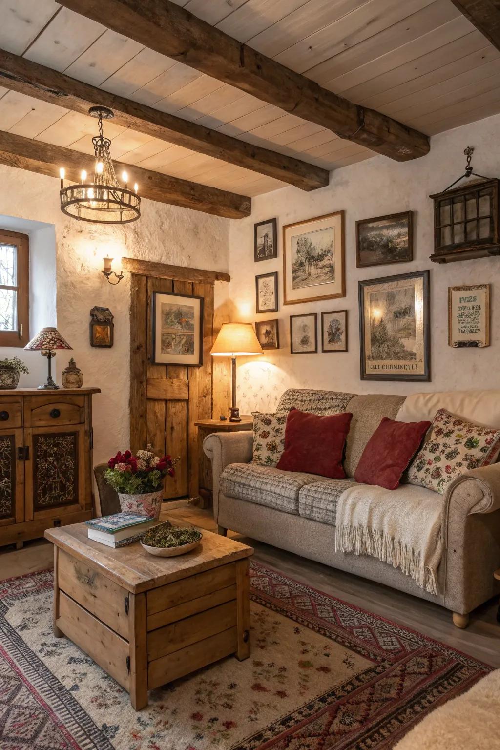Vintage wall decor injects personality and historical depth into rustic living spaces.