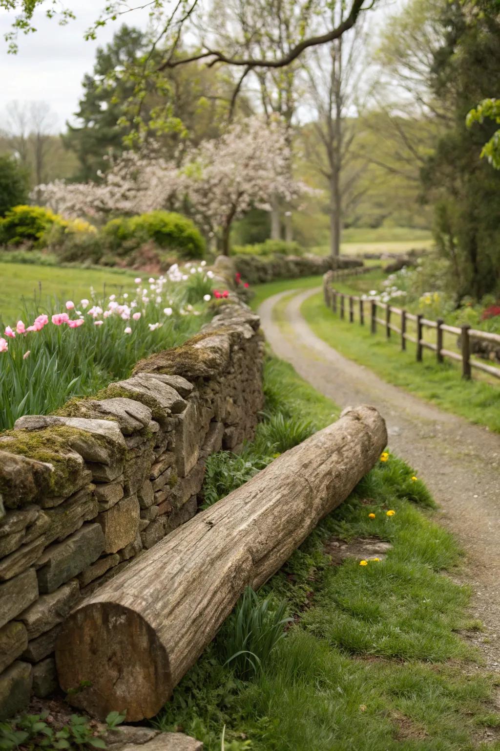 Logs and rocks blend to form a natural, yet refined fence in a countryside garden.